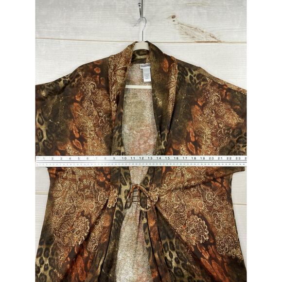 Chico's Cardigan Sz 2 L Brown Animal Print Tie Front USA Made Retro 90s Y2K Knit - Picture 7 of 10